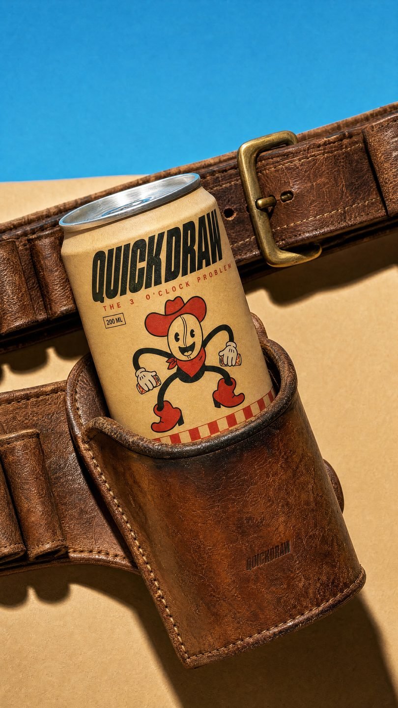QUICKDRAW enerji içeceği konsepti: deri kılıf içinde vintage kovboy karakterli kutu tasarımı