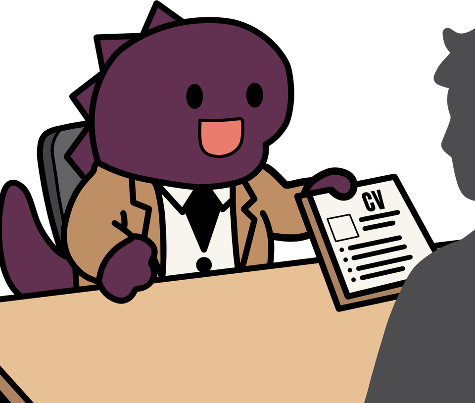 KLIK maskotu bir mülakatta masanın ardında, adaydan CV'sini alırken